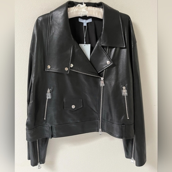 Antonio Melani Black Leather Jacket Biker Moto Silver Zippers New XL Retro 90s - Picture 2 of 11